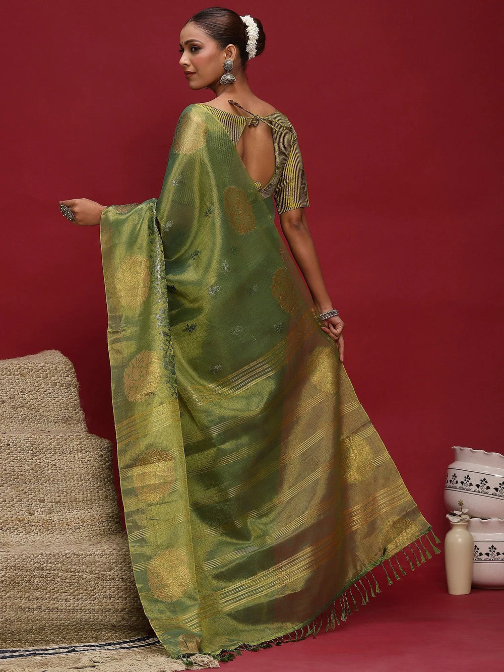Green Banarasi Linen Woven Saree - The Dori Store