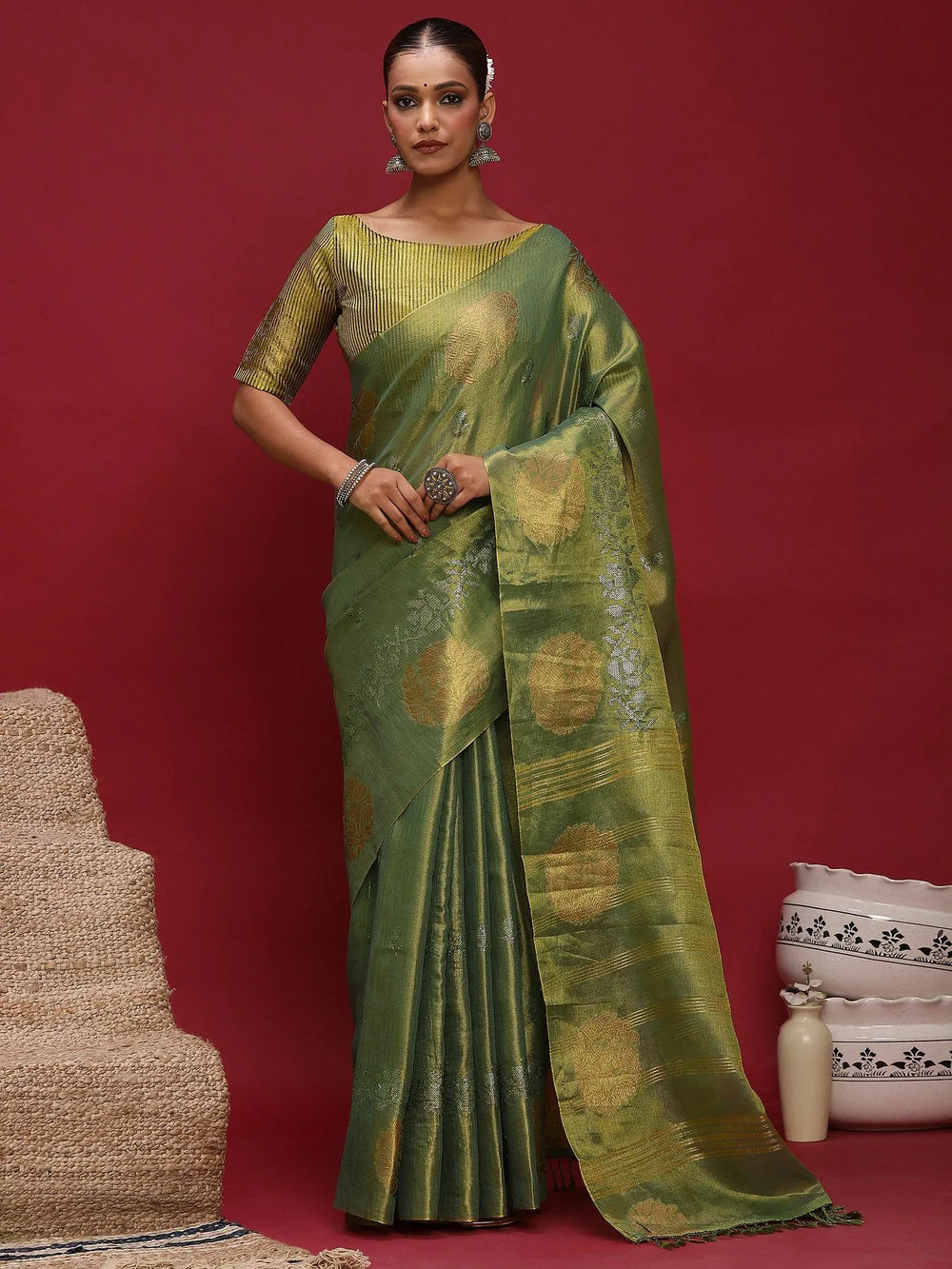 Green Banarasi Linen Woven Saree - The Dori Store