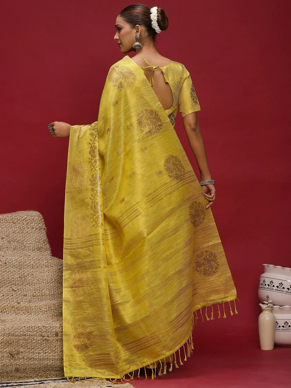 Yellow Banarasi Linen Woven Saree - The Dori Store