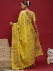 Yellow Banarasi Linen Woven Saree - The Dori Store