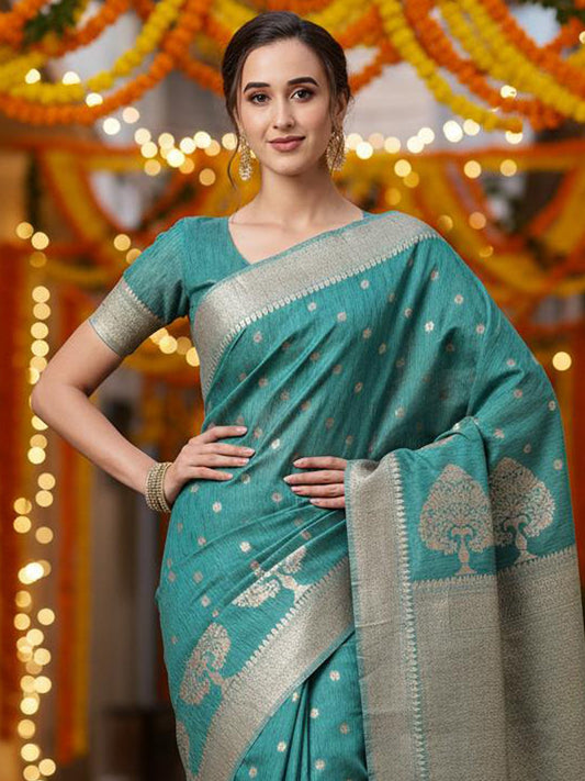 Blue Light Banarasi Silk Blend Woven Saree