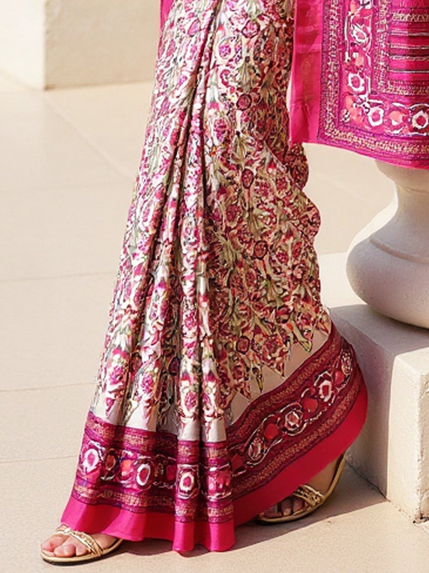 Beige Dabu Pashmina Silk Printed Saree
