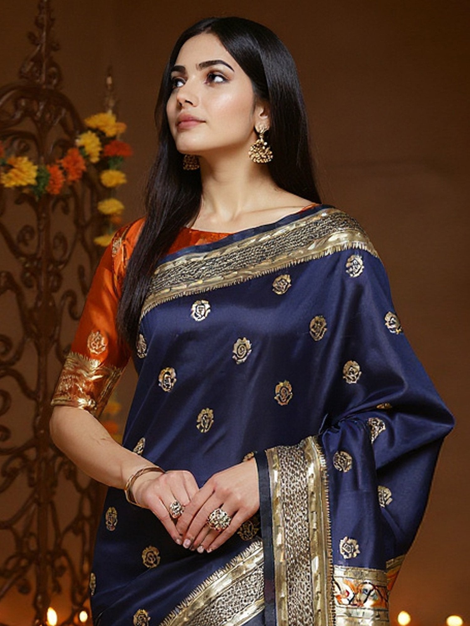 Blue Navy Banarasi Silk Blend Woven Saree