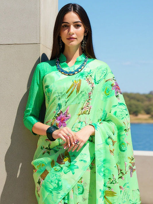 Green Green Banarasi Cotton Blend Printed Saree