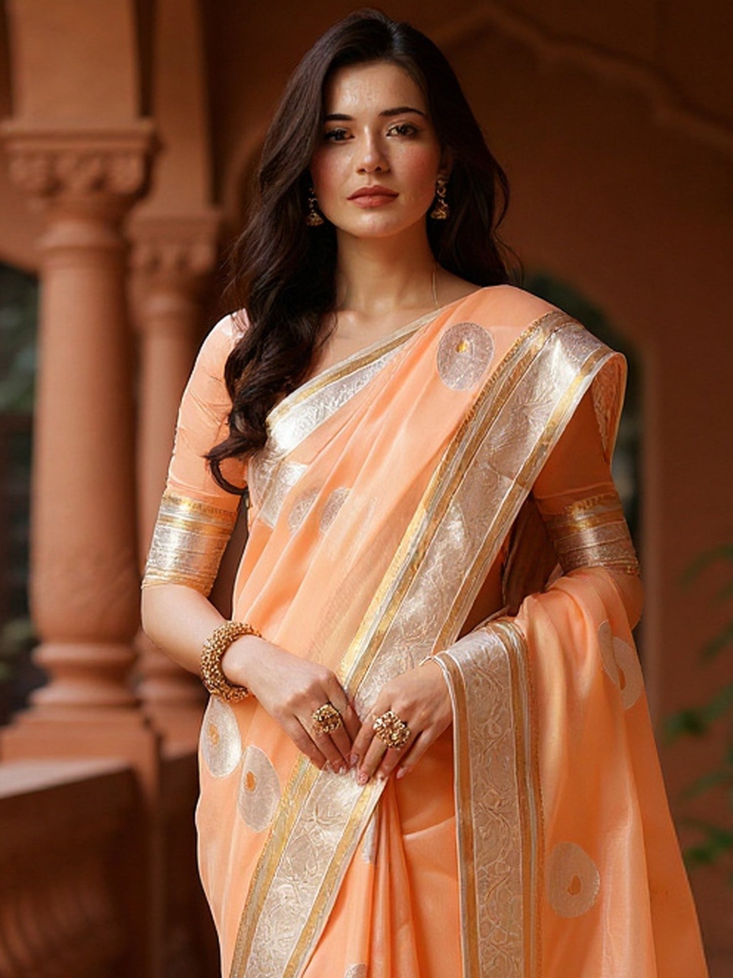 Pink Peach Banarasi Silk Blend Woven Saree