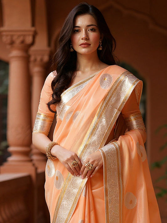 Pink Peach Banarasi Silk Blend Woven Saree