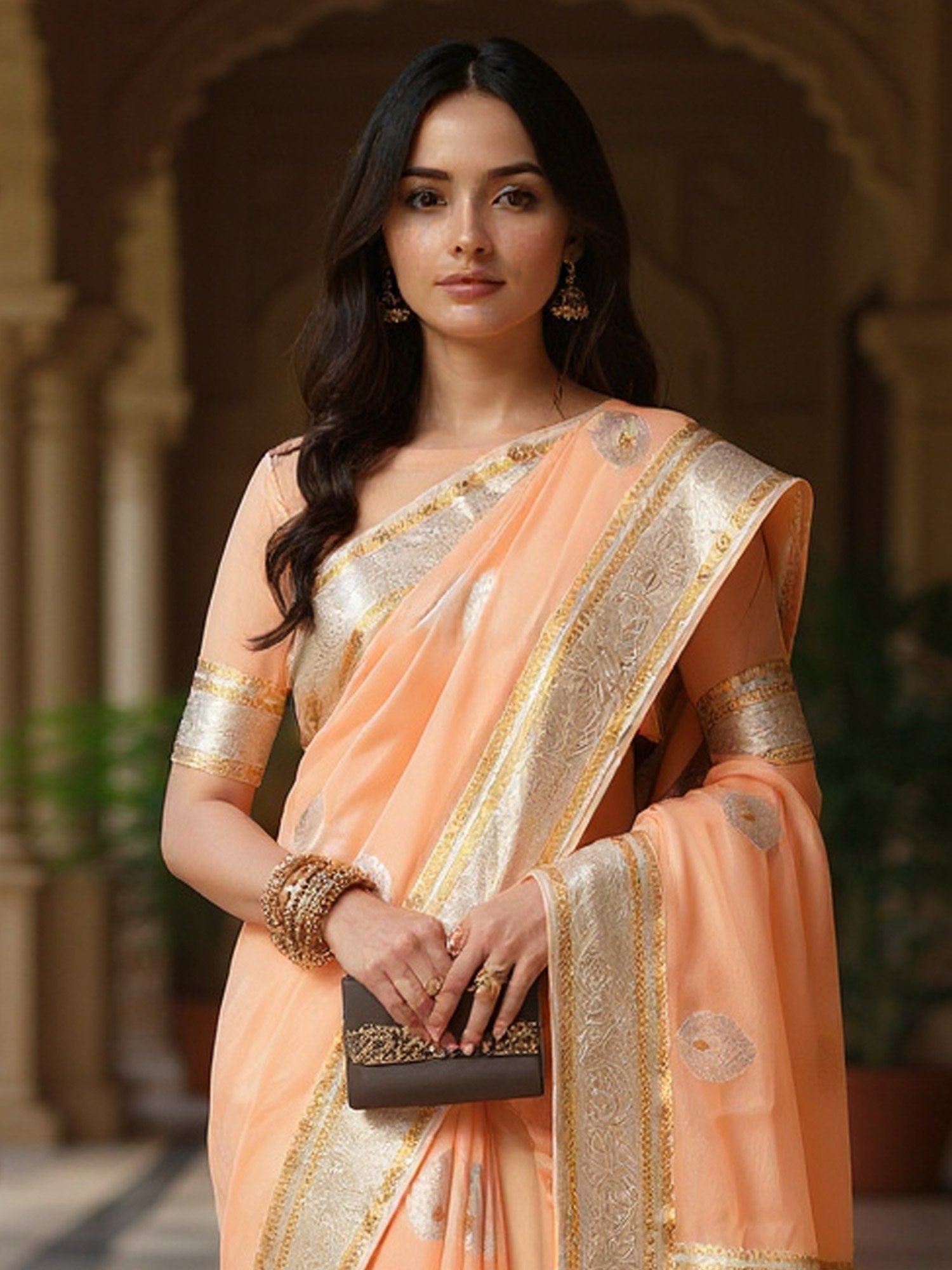 Pink Peach Banarasi Silk Blend Woven Saree