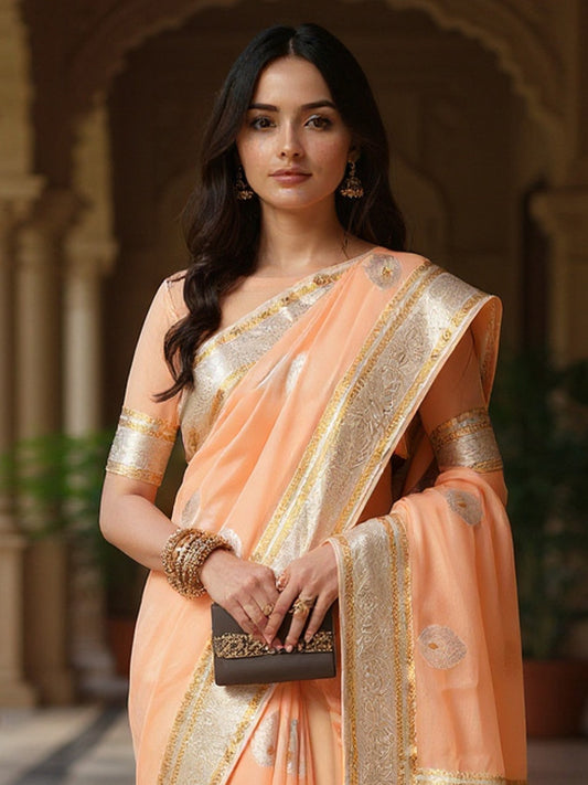 Pink Peach Banarasi Silk Blend Woven Saree