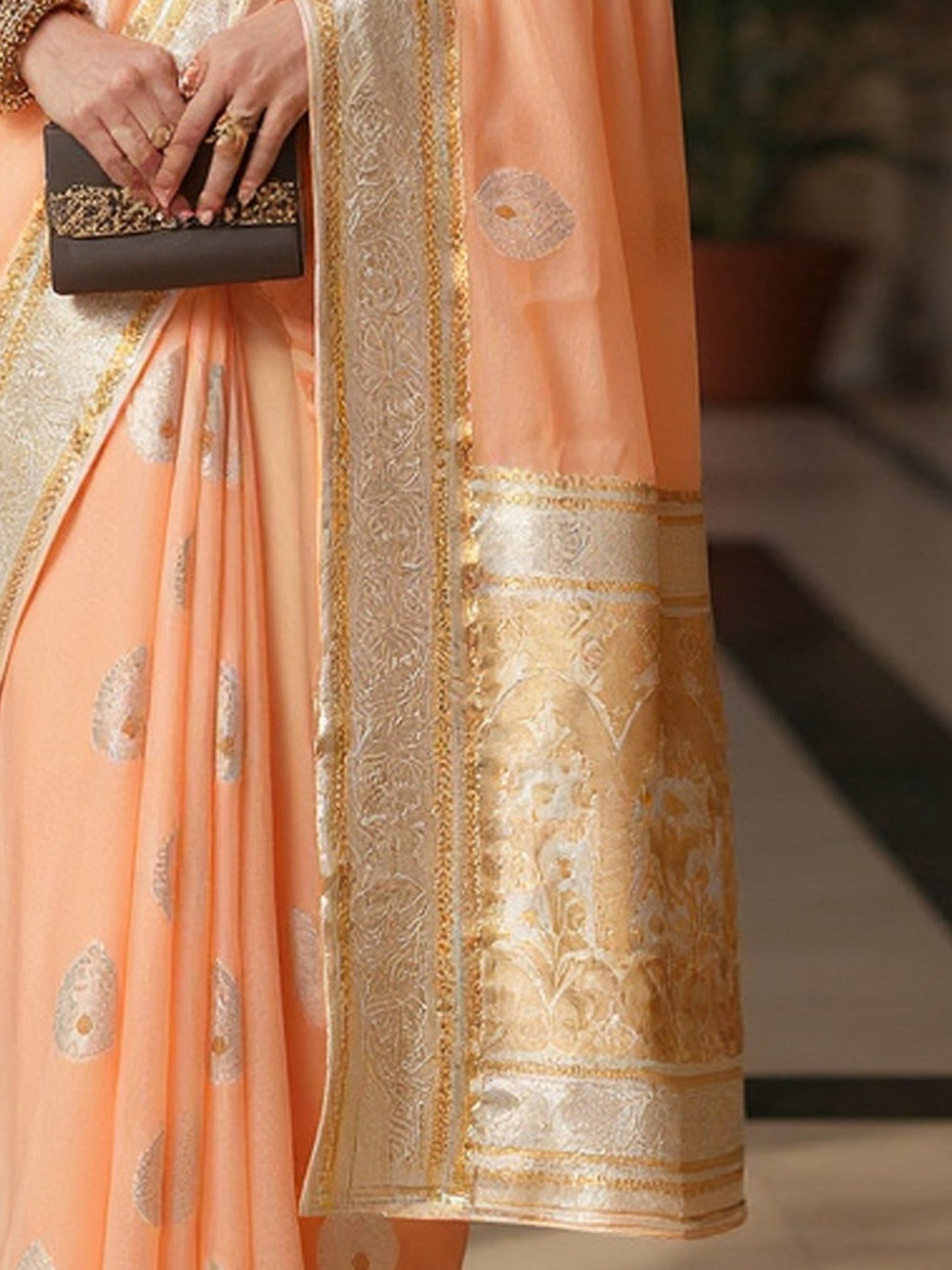 Peach Banarasi Silk Blend Woven Saree