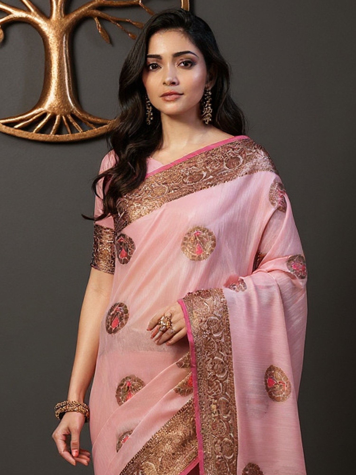 Pink Pink Banarasi Silk Blend Woven Saree