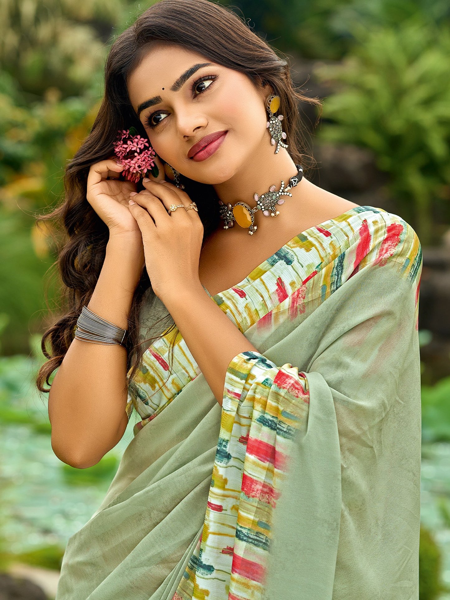 Light Block Print Georgette Digital Print Saree