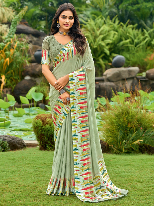 Green Light Block Print Georgette Digital Print Saree
