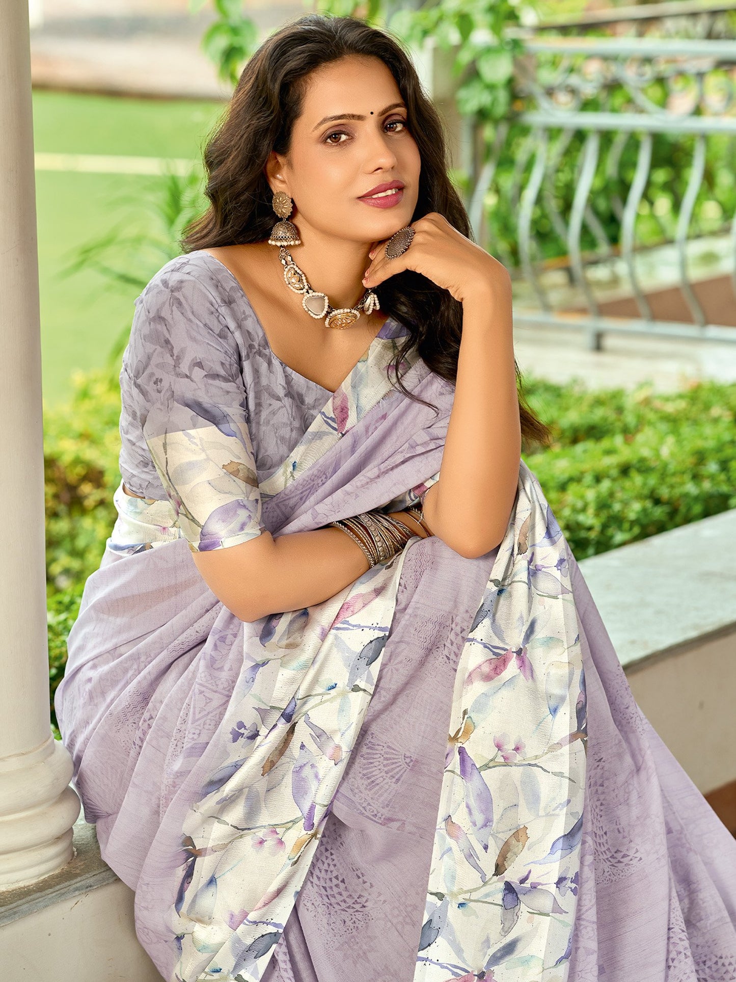 Lavendar Block Print Georgette Digital Print Saree