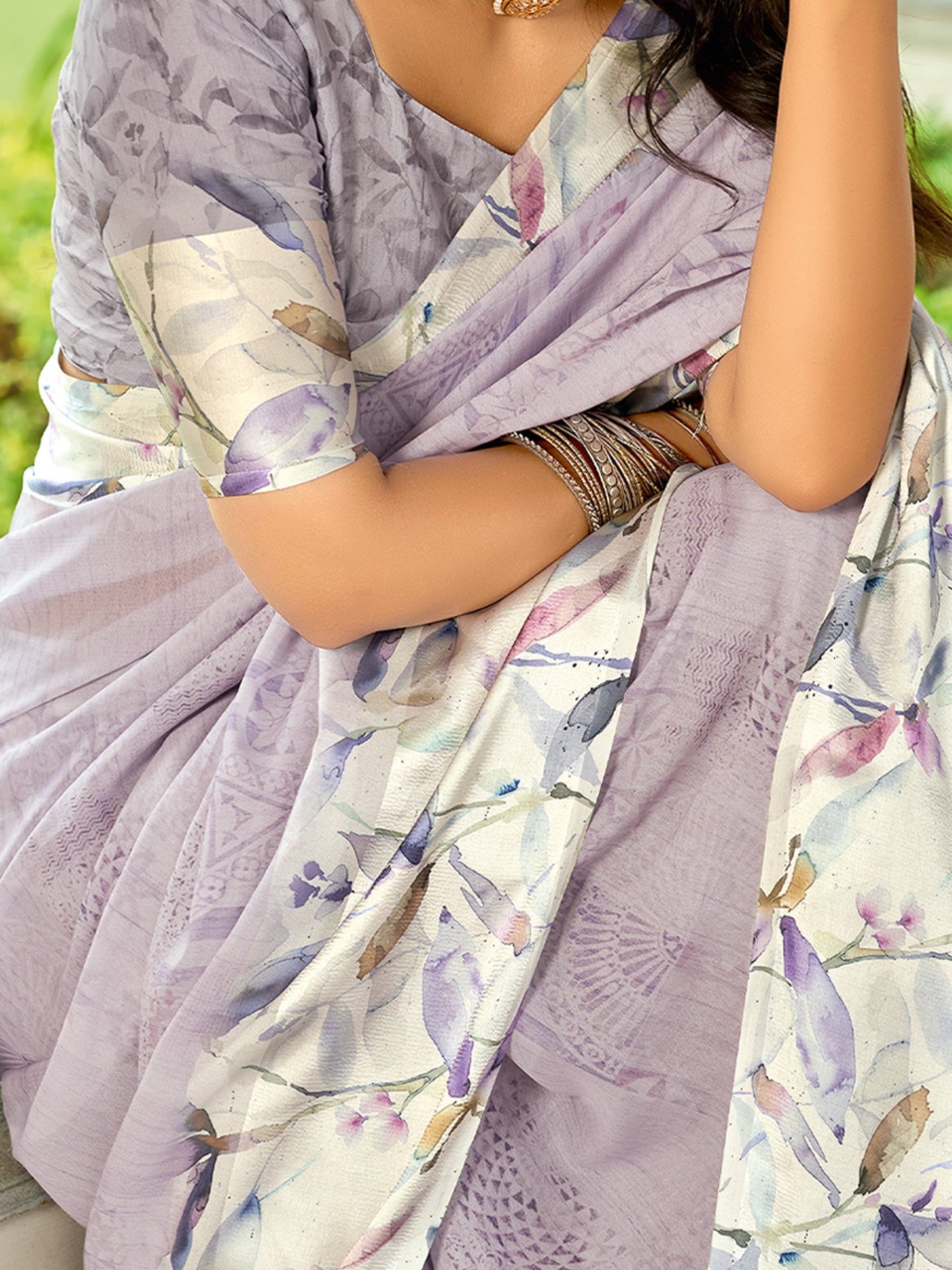 Lavendar Block Print Georgette Digital Print Saree