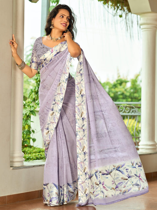 Lavender Lavendar Block Print Georgette Digital Print Saree