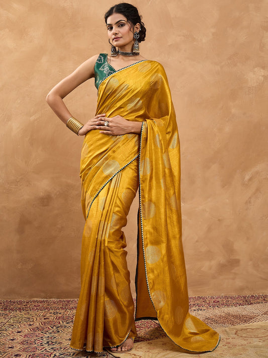 Yellow Mustard Banarasi Dola Silk Digital Print Saree