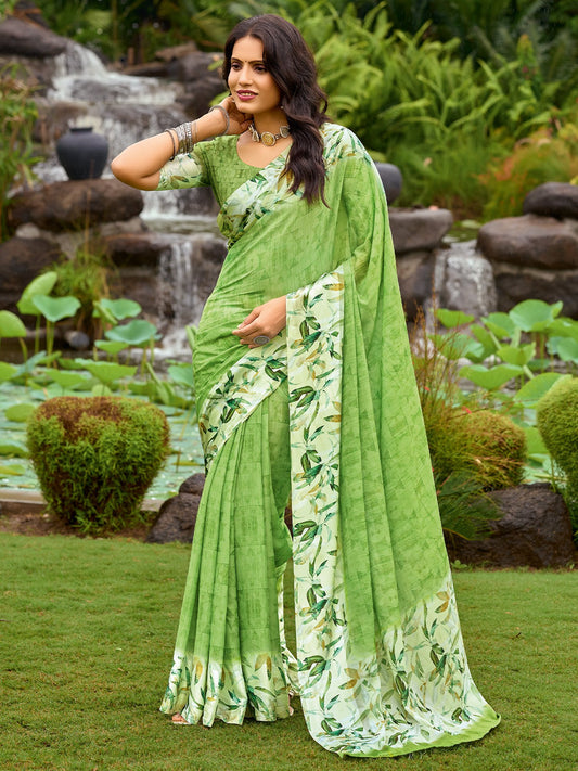 Green Light Block Print Georgette Digital Print Saree