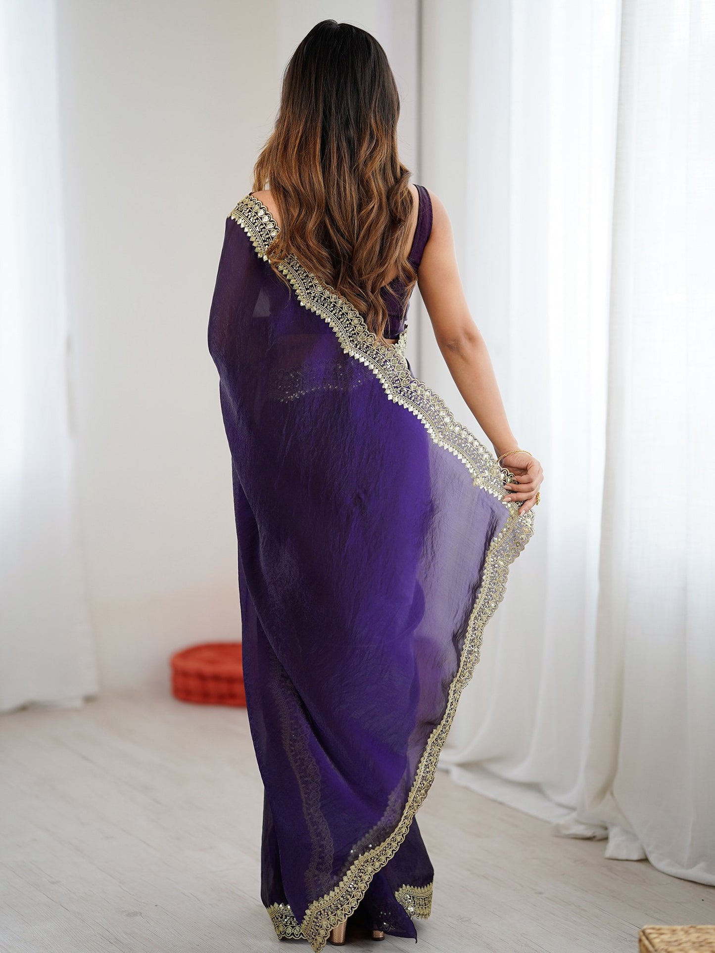 Purple Party Wear Satin Embellished Saree
