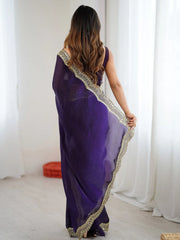 Purple Party Wear Satin Embellished Saree - The Dori Store