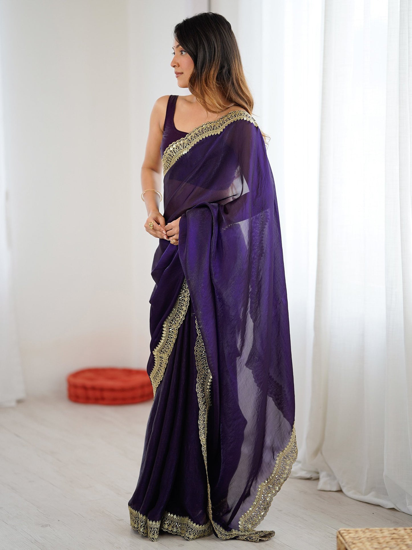 Purple Party Wear Satin Embellished Saree