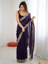 Purple Party Wear Satin Embellished Saree - The Dori Store
