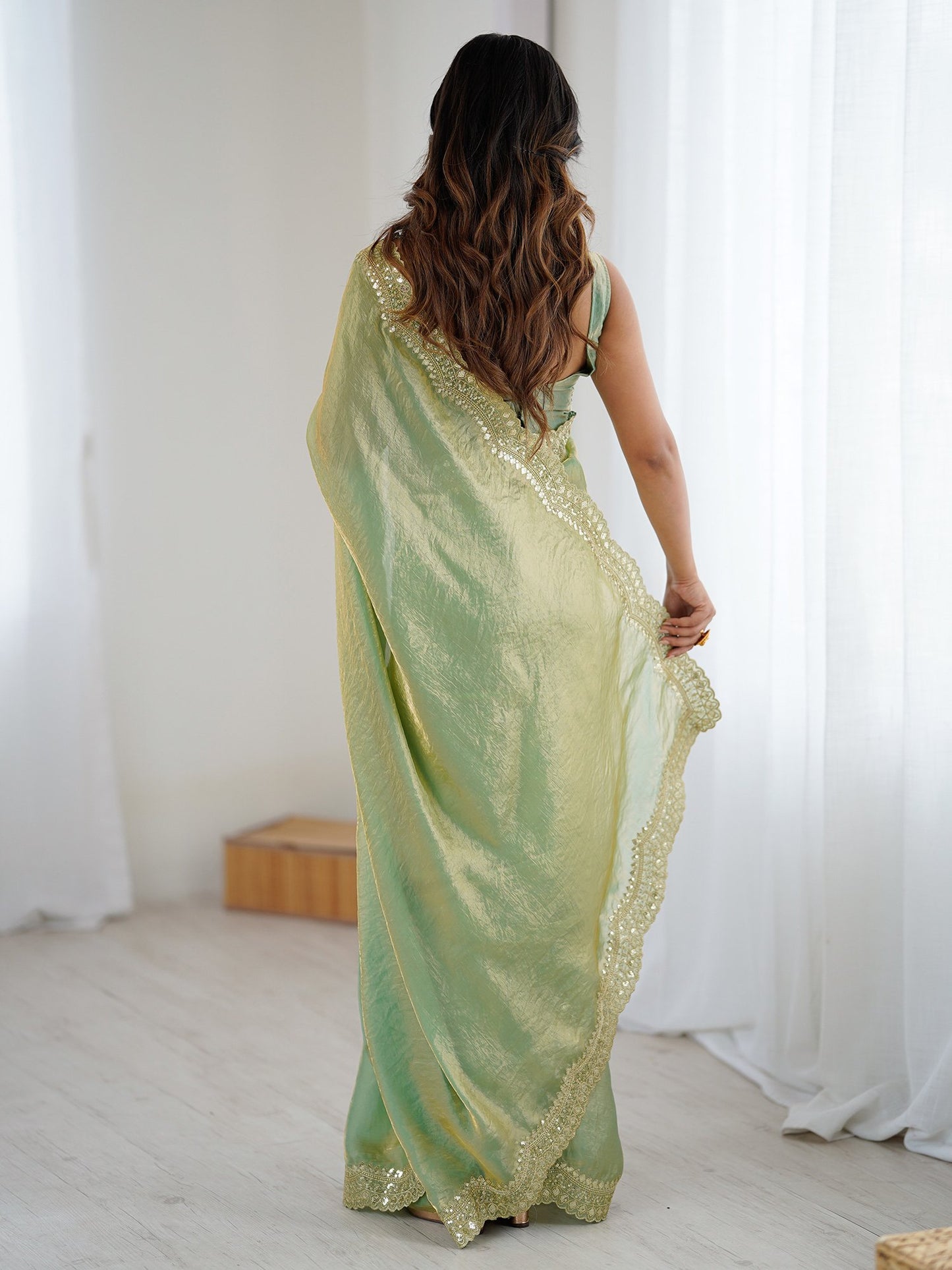 Light Party Wear Satin Embellished Saree