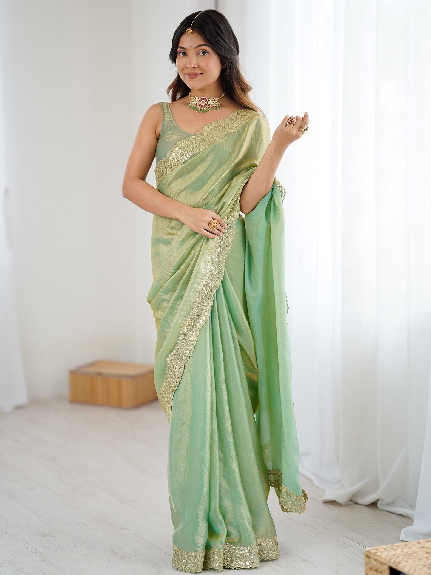 Light Party Wear Satin Embellished Saree