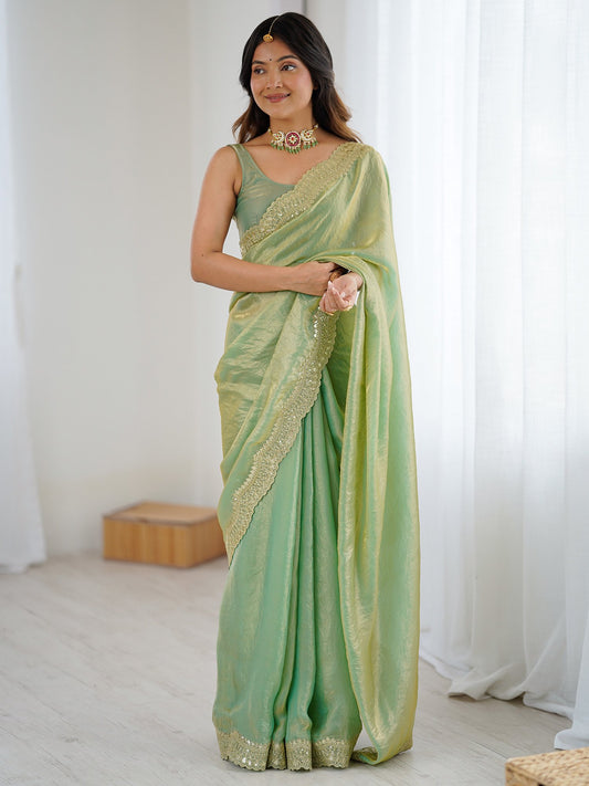 Green Light Party Wear Satin Embellished Saree