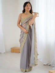 Grey Party Wear Satin Embellished Saree - The Dori Store