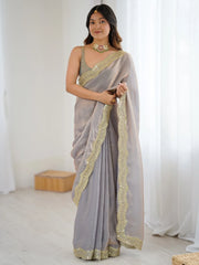 Grey Party Wear Satin Embellished Saree - The Dori Store