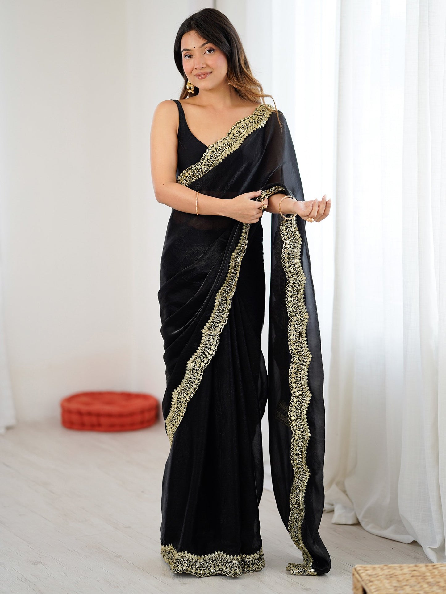 Black Party Wear Satin Embellished Saree