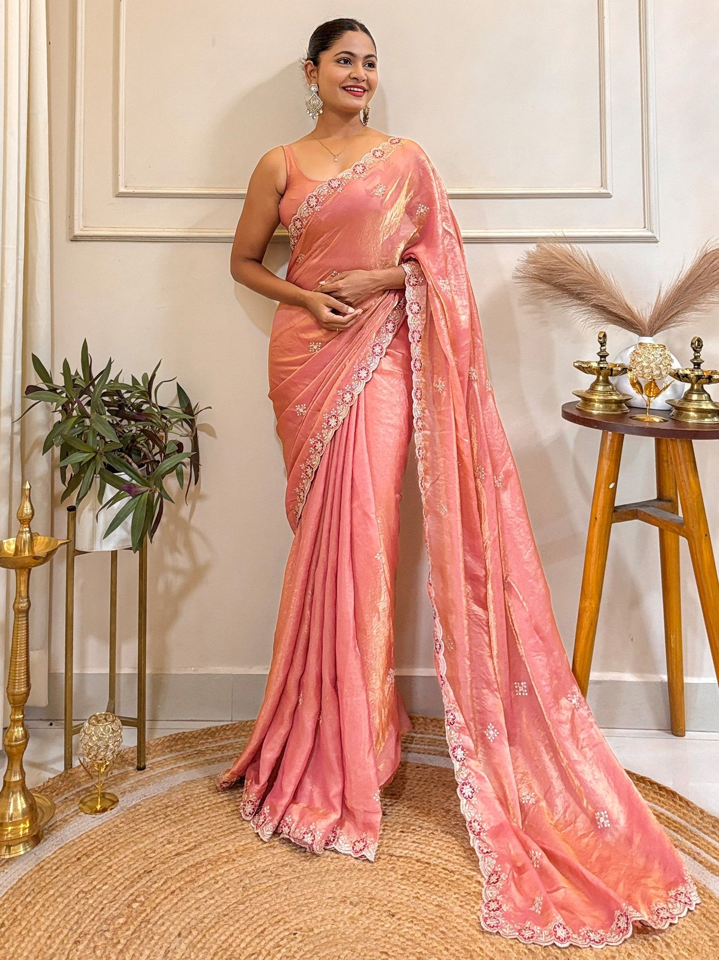 Peach Party Wear Satin Embellished Saree