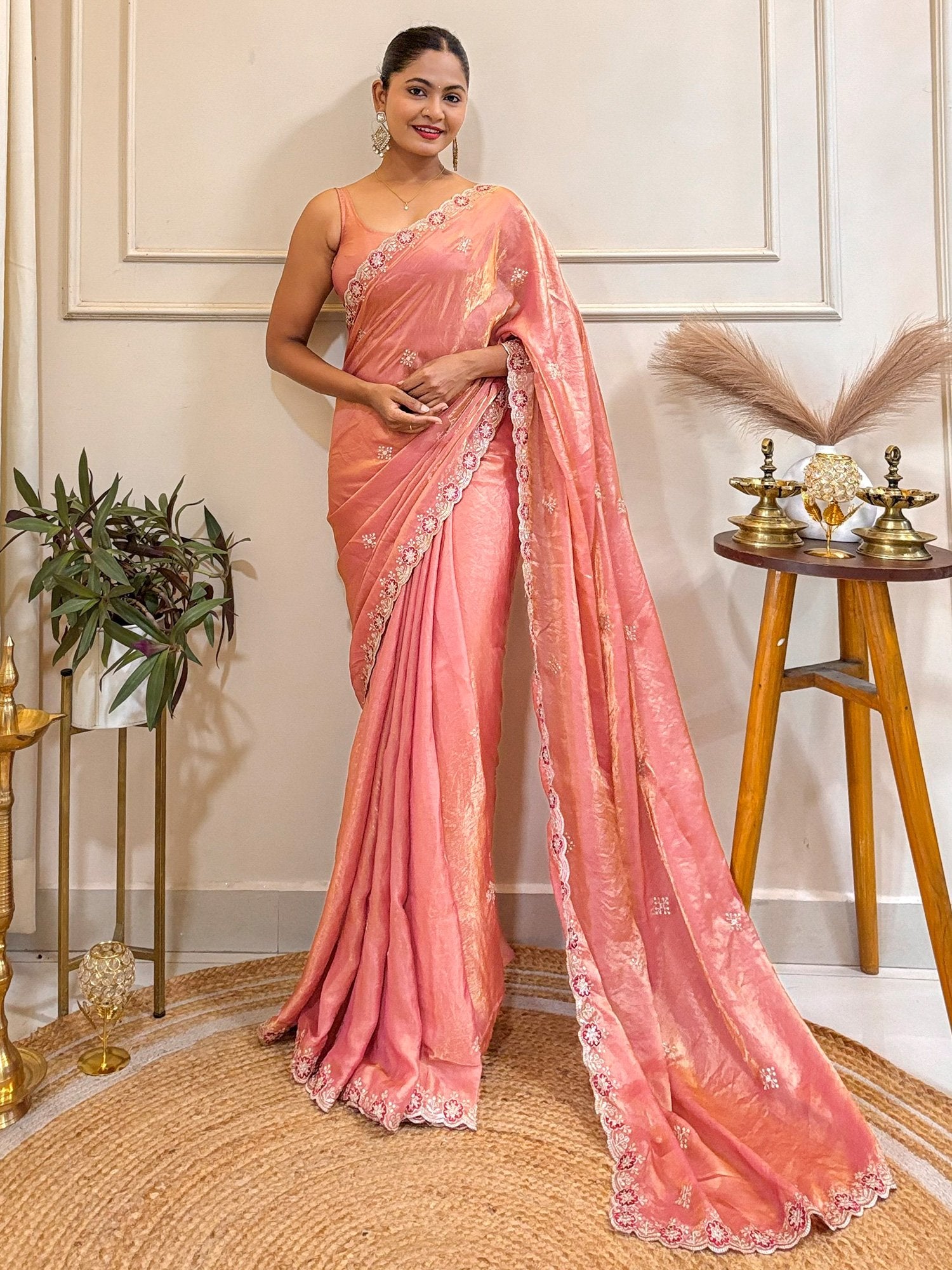 Pink Peach Party Wear Satin Embellished Saree