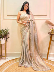 Beige Party Wear Satin Embellished Saree - The Dori Store