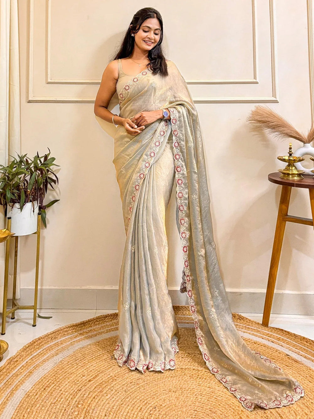 Beige Party Wear Satin Embellished Saree - The Dori Store