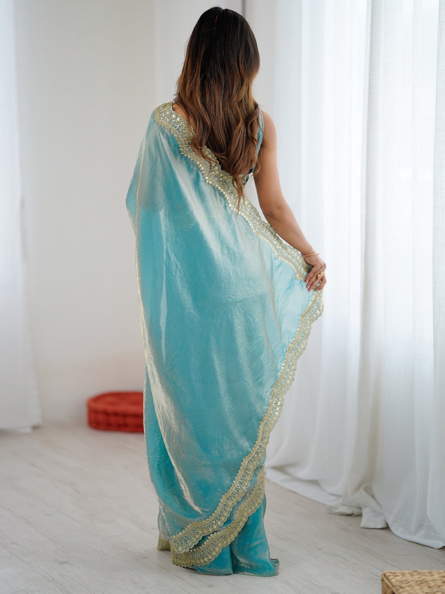 Light Party Wear Satin Embellished Saree