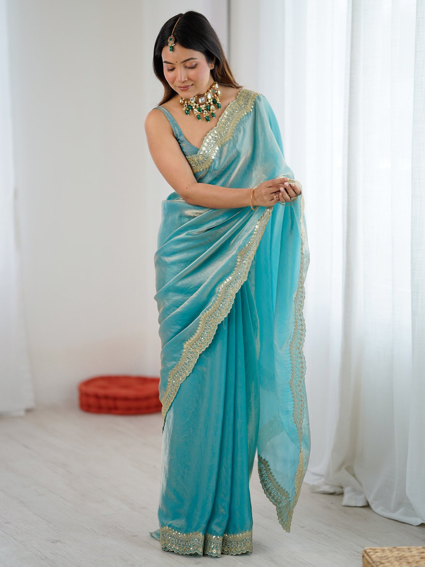 Light Party Wear Satin Embellished Saree