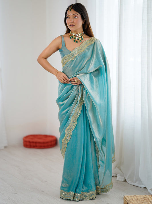 Blue Light Party Wear Satin Embellished Saree