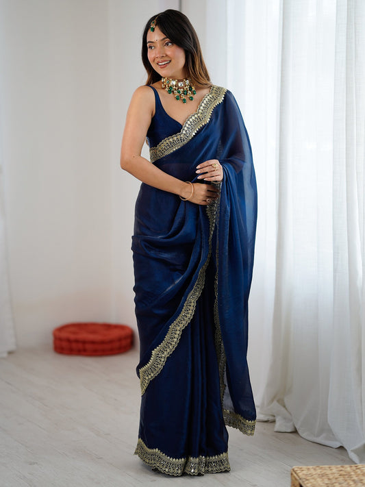 Blue Blue Party Wear Satin Embellished Saree