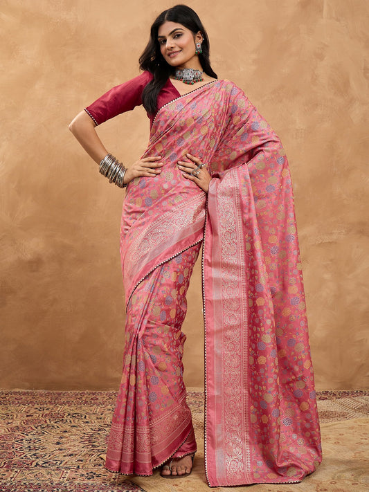Pink Mauve Banarasi Dola Silk Digital Print Saree