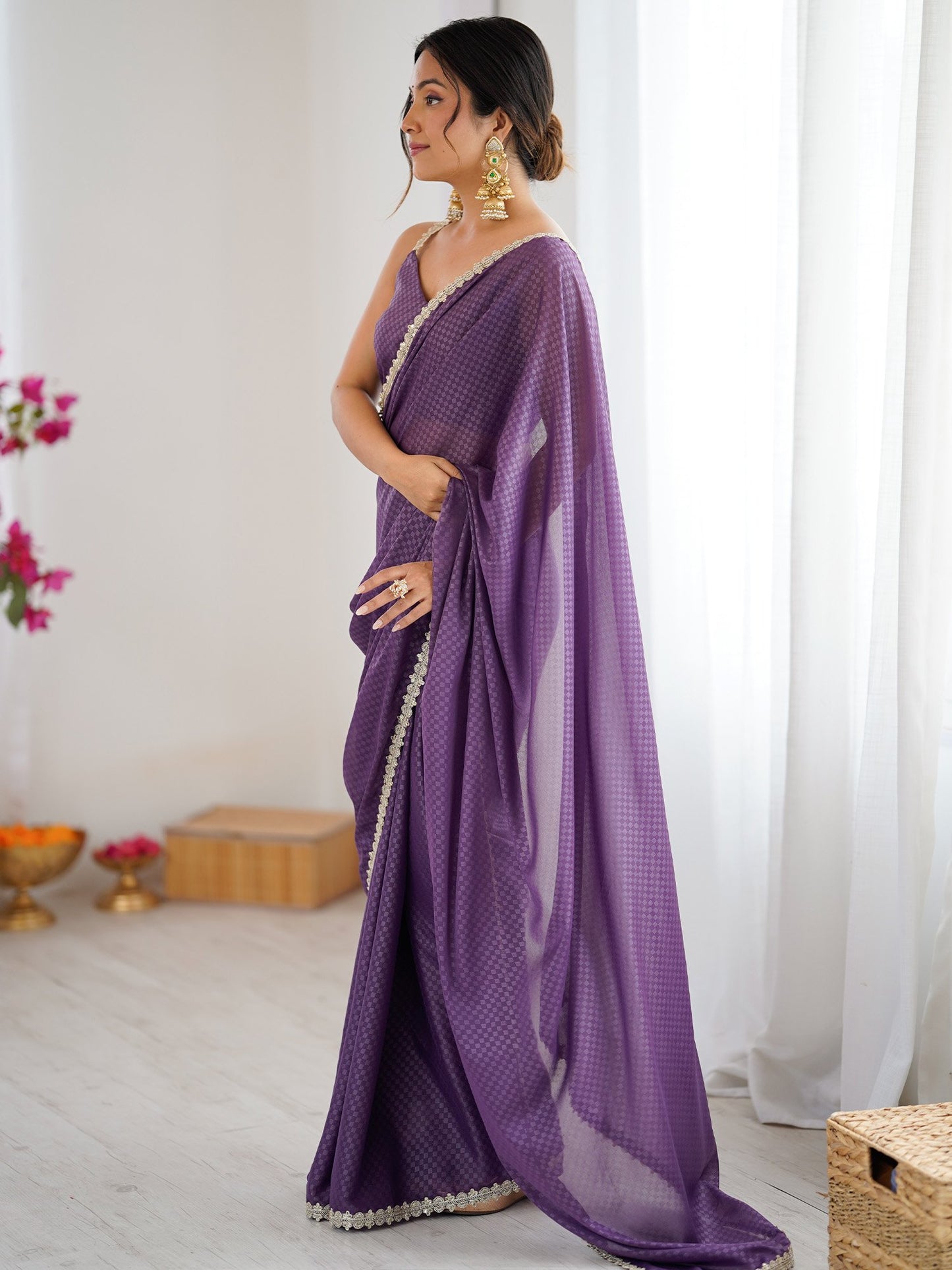 Lavendar Party Wear Satin Embellished Saree