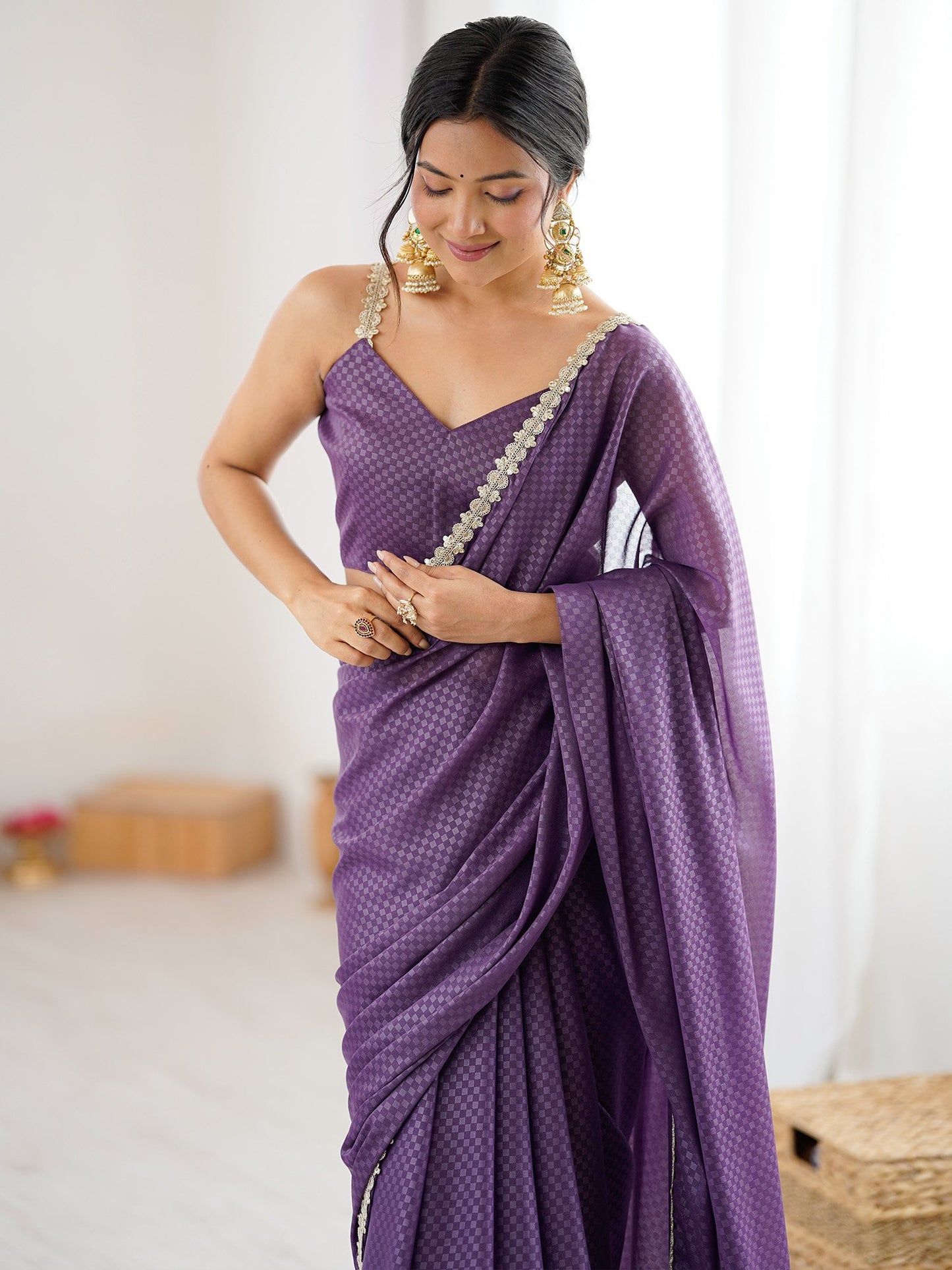 Lavendar Party Wear Satin Embellished Saree