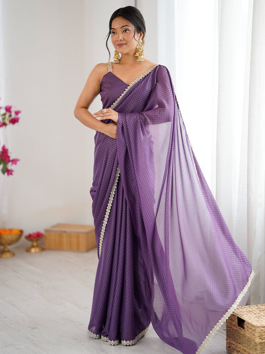 Purple Lavendar Party Wear Satin Embellished Saree