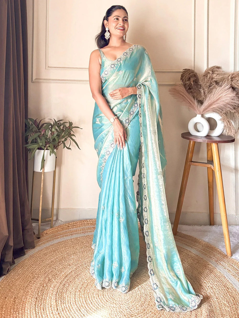 Light Party Wear Satin Embellished Saree - The Dori Store