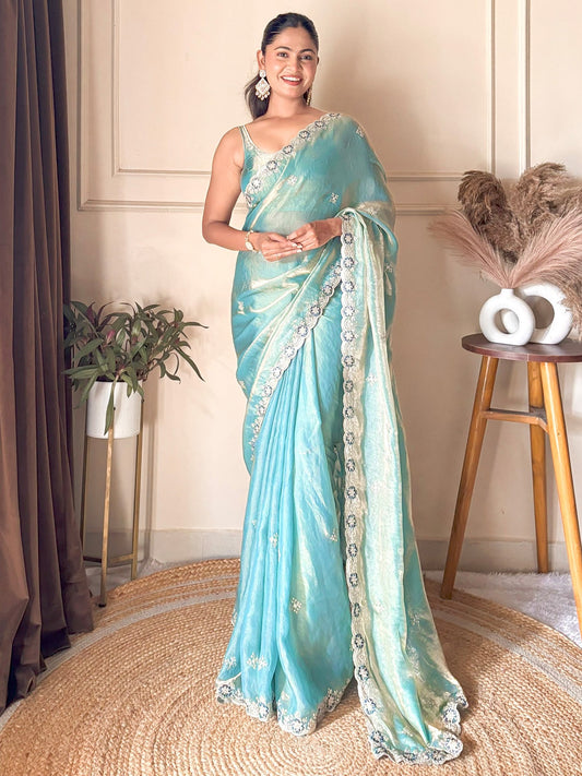 Blue Light Party Wear Satin Embellished Saree