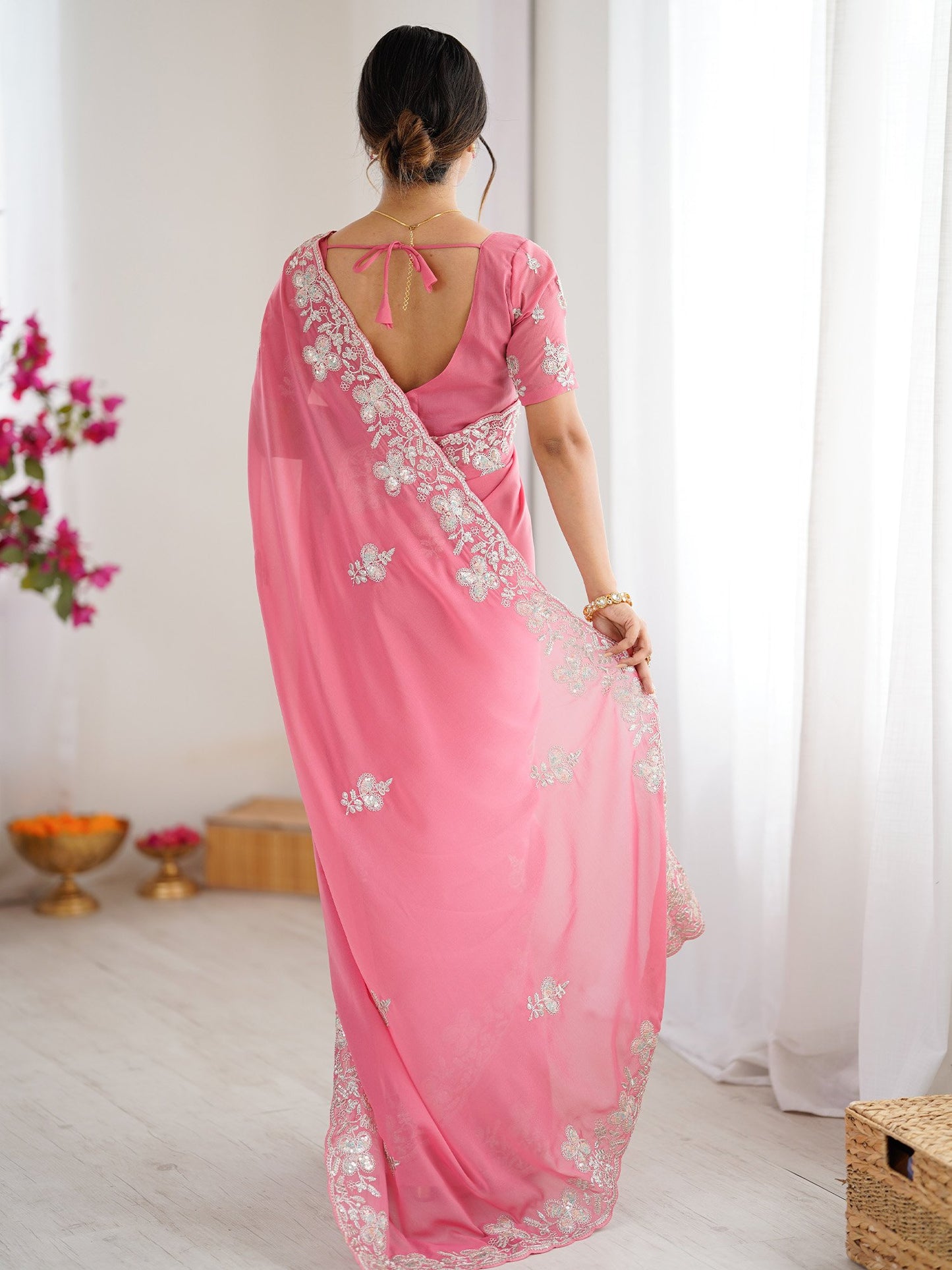 Pink Party Wear Georgette Embellished Saree