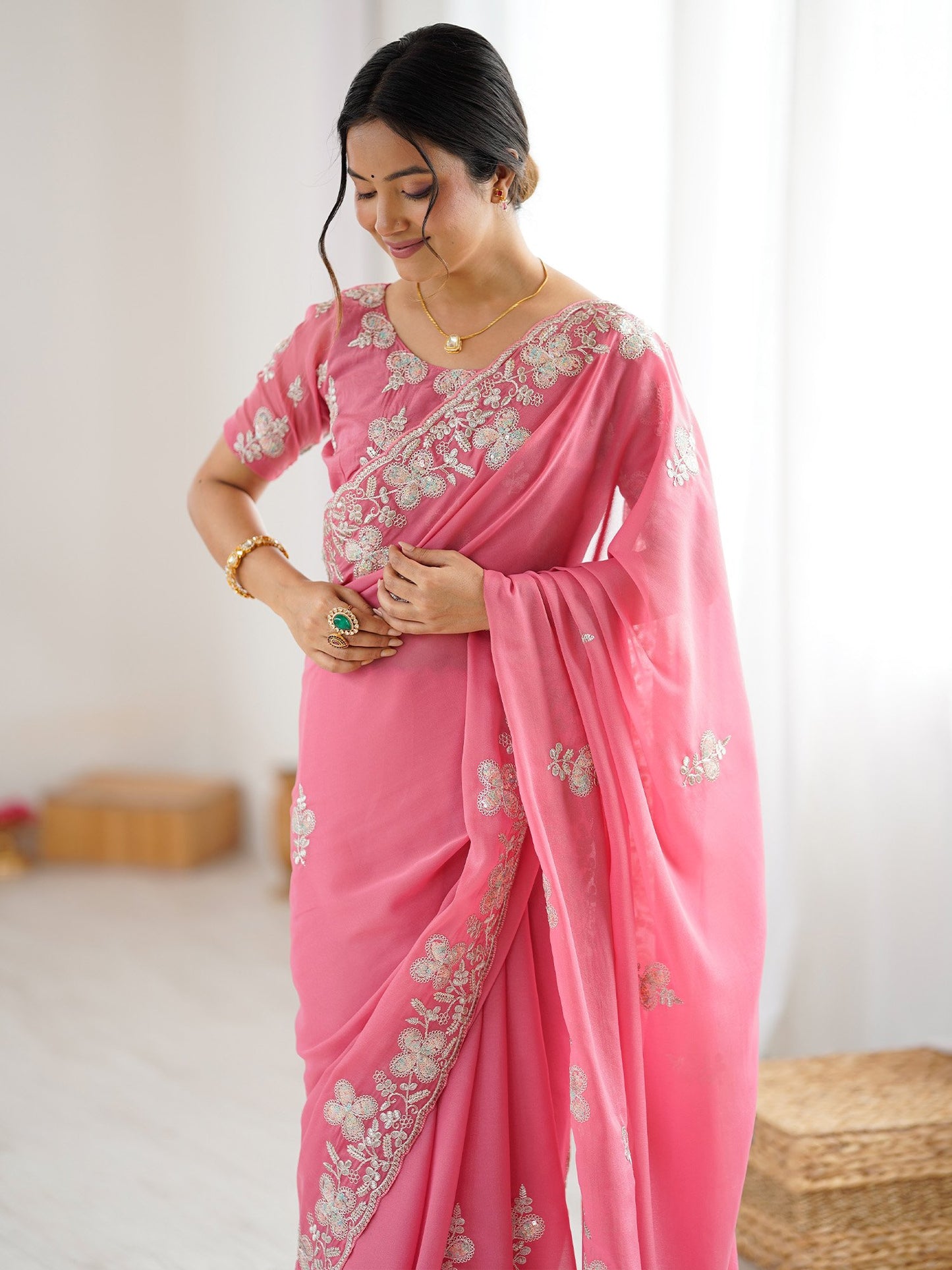 Pink Party Wear Georgette Embellished Saree