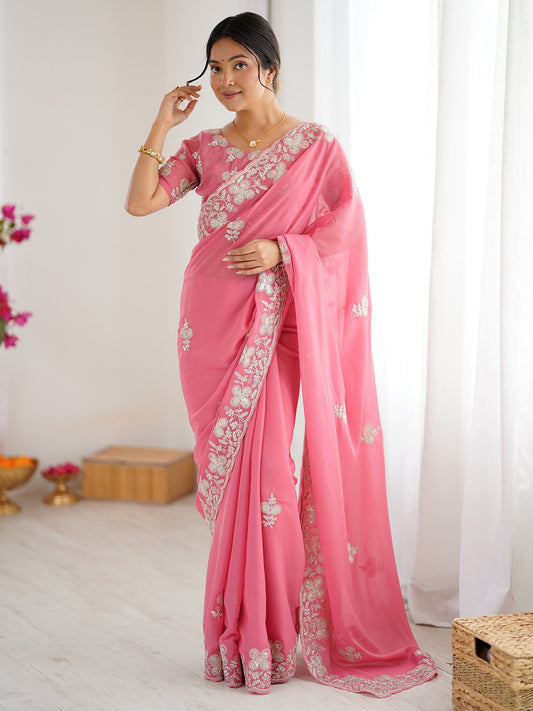Pink Pink Party Wear Georgette Embellished Saree