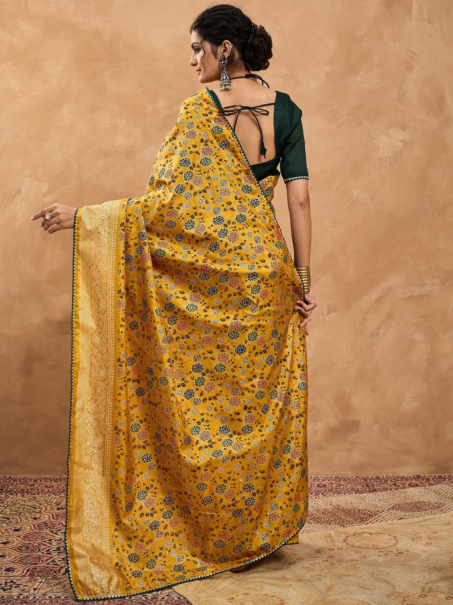 Mustard Banarasi Dola Silk Digital Print Saree