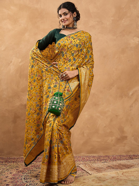 Yellow Mustard Banarasi Dola Silk Digital Print Saree